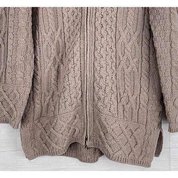 Aran Crafts Women XS Irish Wool Zip-Front Hooded Sweater Cardigan Tan Fisherman - Picture 4 of 13
